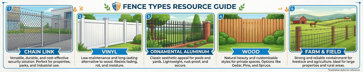 Fence Types - Chain Link, Vinyl, Ornamental Aluminum, Wood, Farm & Field