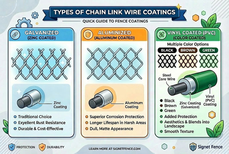 Infographic describing the types of chain link fabric: galvanized, aluminized, vinyl coated.